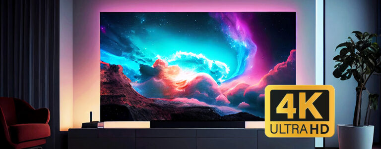EnParlons.com - Grand écran TV LED moderne à ultra-fine bordure noire monté sur meuble bas noir dans un salon contemporain avec éclairage d'ambiance LED rose-orange derrière l'écran, rideau violet à gauche, fauteuil bordeaux, plante verte en pot blanc à droite, affichant une image spectaculaire de paysage spatial cosmique avec nuages colorés turquoise, rose, violet et orange au-dessus de montagnes sombres sous ciel étoilé, avec badge doré '4K ULTRA HD' en coin inférieur droit, illustrant la qualité d'image exceptionnelle Ultra HD 4K offerte par les meilleurs services IPTV Canada 2025 pour une expérience de home cinéma immersive avec résolution quatre fois supérieure à la Full HD