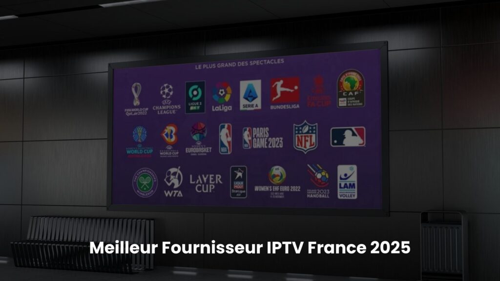EnParlons.com - Grand écran de télévision affichant les logos des plus grandes compétitions sportives mondiales (FIFA World Cup Qatar 2022, Champions League, Ligue 1, LaLiga, Serie A, Bundesliga, CAF, NBA, NFL, MLB, Wimbledon, Laver Cup, EuroBasket, Women's EHF Euro 2022, Handball, Volley) sur fond violet avec le titre 'Le plus grand des spectacles', illustrant l'offre complète IPTV sans coupure du meilleur fournisseur IPTV premium stable en France 2025