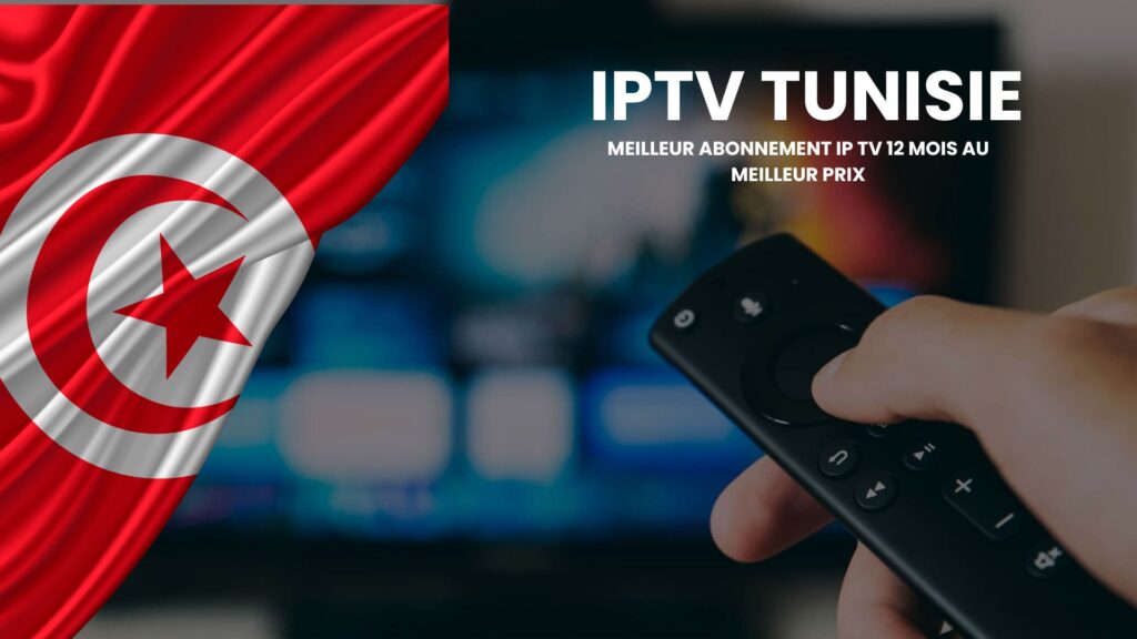 EnParlons.com - Drapeau tunisien ondulant à côté d'une main tenant une télécommande devant un écran TV, illustrant les services IPTV Tunisie avec meilleur abonnement IP TV 12 mois au meilleur prix pour le public tunisien