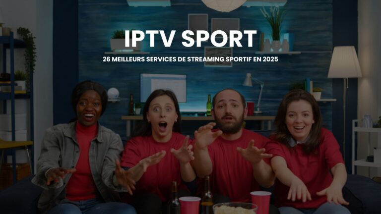 EnParlons.com - Groupe de quatre supporters enthousiastes en t-shirts rouges assis sur un canapé dans un salon moderne bleu turquoise, réagissant avec excitation devant leur écran en regardant un match sportif, illustrant IPTV Sport guide complet des 26 meilleurs services de streaming sportif en 2025