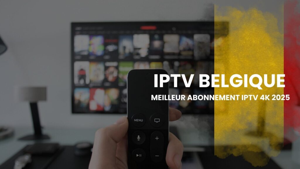 EnParlons.com - Main tenant une télécommande Apple TV noire avec boutons MENU, écran TV, microphone vocal, play/pause, plus et moins pointée vers un grand écran de télévision floue affichant une grille d'applications et contenus de streaming, avec drapeau belge (noir jaune rouge vertical) visible à droite en arrière-plan, accompagné du texte 'IPTV BELGIQUE MEILLEUR ABONNEMENT IPTV 4K 2025', illustrant l'accès aux services IPTV Belgique en qualité 4K pour le public belge via télécommande intelligente et interface de streaming moderne
