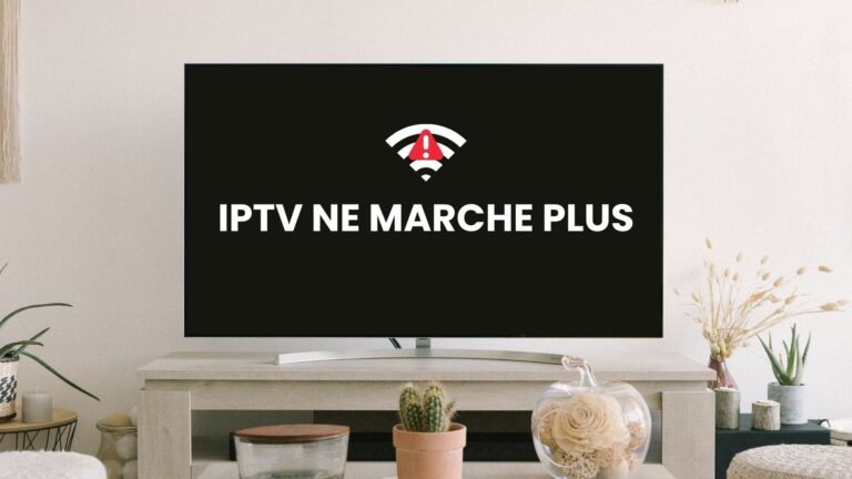 EnParlons.com - Grand écran de télévision moderne sur meuble beige dans un salon épuré avec décoration minimaliste (plantes vertes, cactus en pot, fleurs séchées, rose sous cloche en verre) affichant un message d'erreur 'IPTV NE MARCHE PLUS' en texte blanc avec icône Wi-Fi barrée d'un point d'exclamation rouge sur fond noir, illustrant un problème de connexion IPTV ne fonctionnant plus en WiFi nécessitant dépannage et solutions de résolution