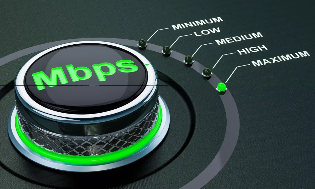 EnParlons.com - Illustration d'un bouton de contrôle Mbps (mégabits par seconde) réglé au maximum, symbolisant la connexion haut débit nécessaire pour un streaming IPTV optimal et sans coupure